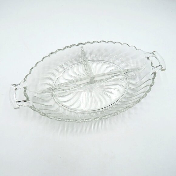 Vintage Fostoria Colonial Swirl Divided Oval Glass Relish Serving Dish Handles - Picture 1 of 8